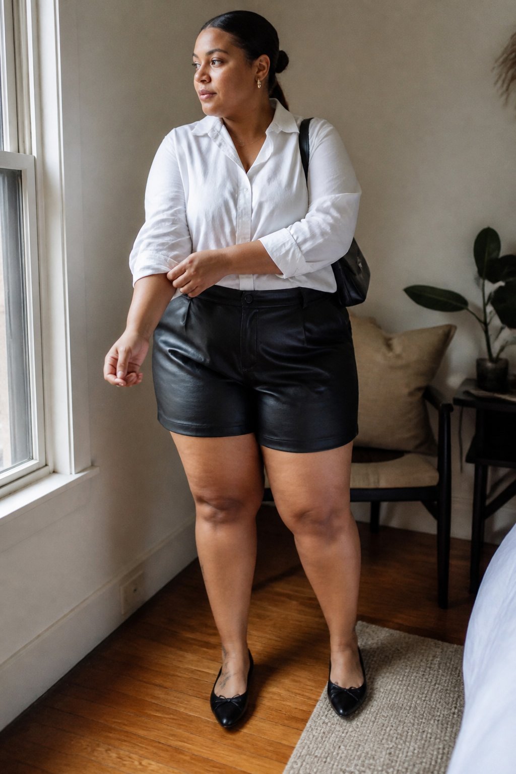 A plus-size woman wears black leather shorts and a white button-down shirt in a softly lit home.