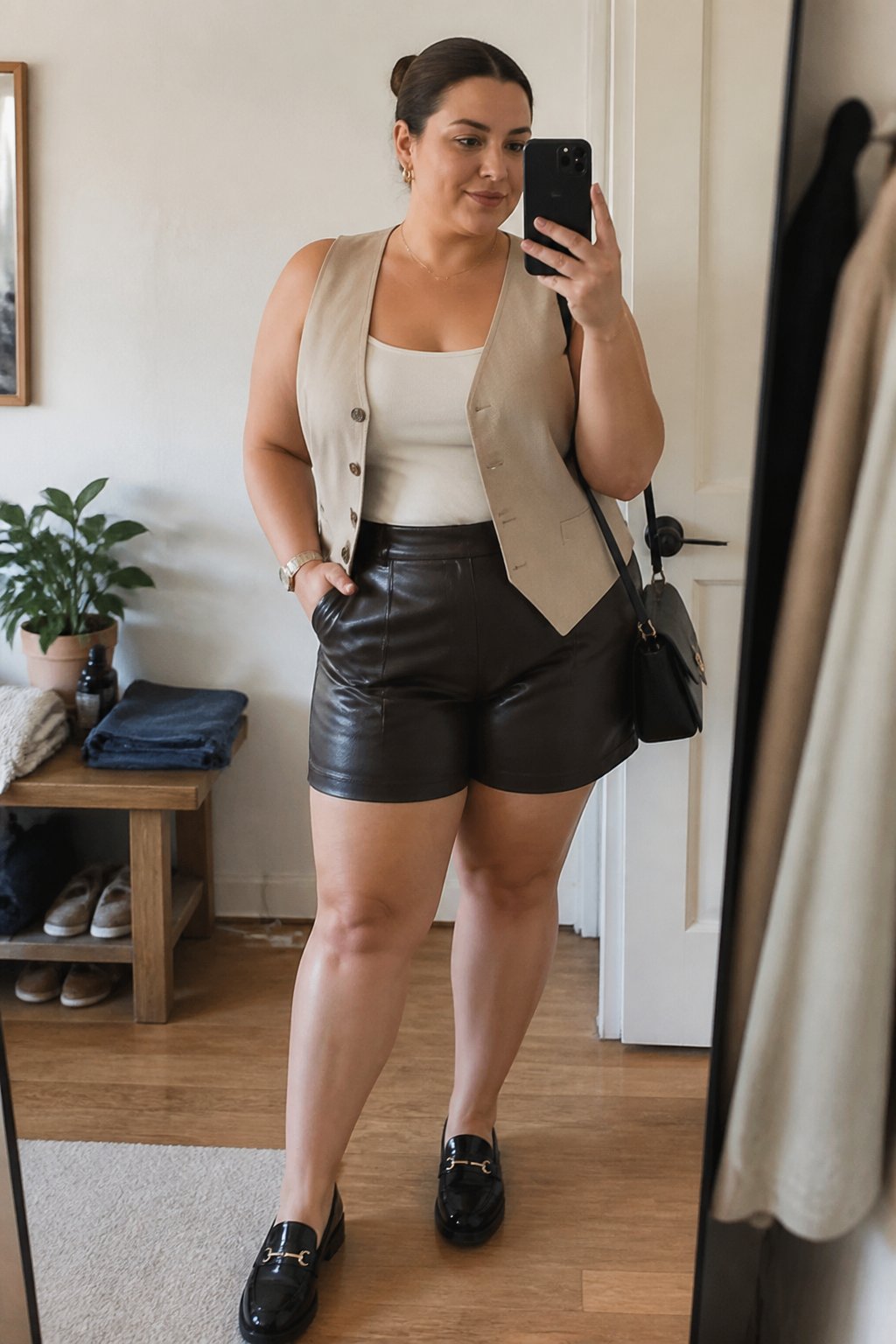 A plus-size woman wearing dark leather shorts and a tailored vest stands in a softly lit room.