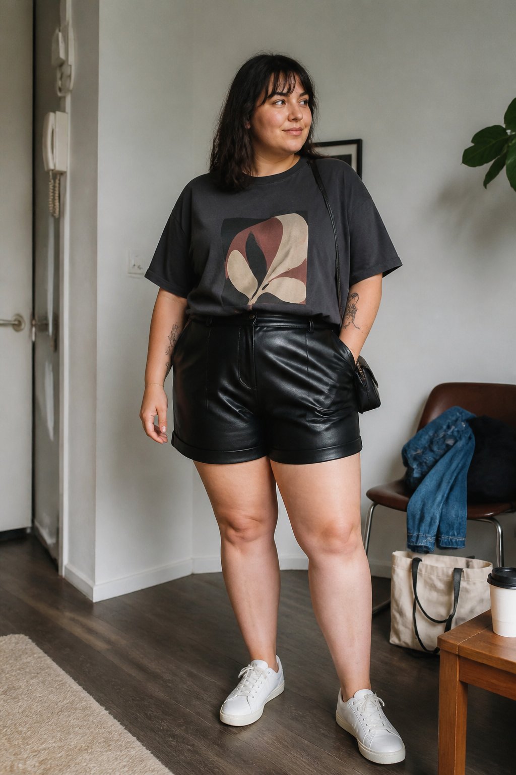 A plus-size woman wearing leather shorts and a graphic T-shirt stands casually in a bright everyday setting.
