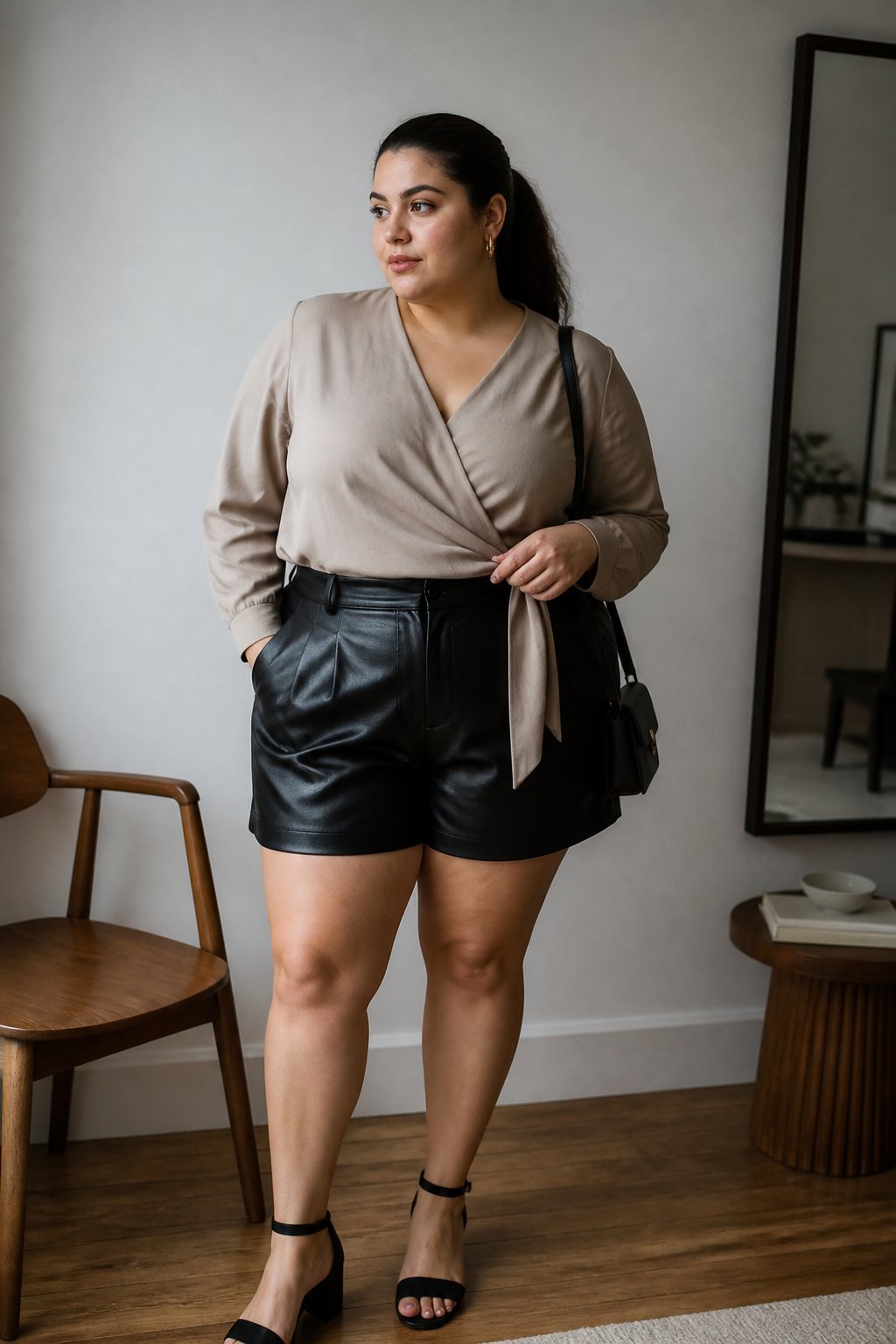 A plus-size woman wears black leather shorts and a belted wrap top in a softly lit room.