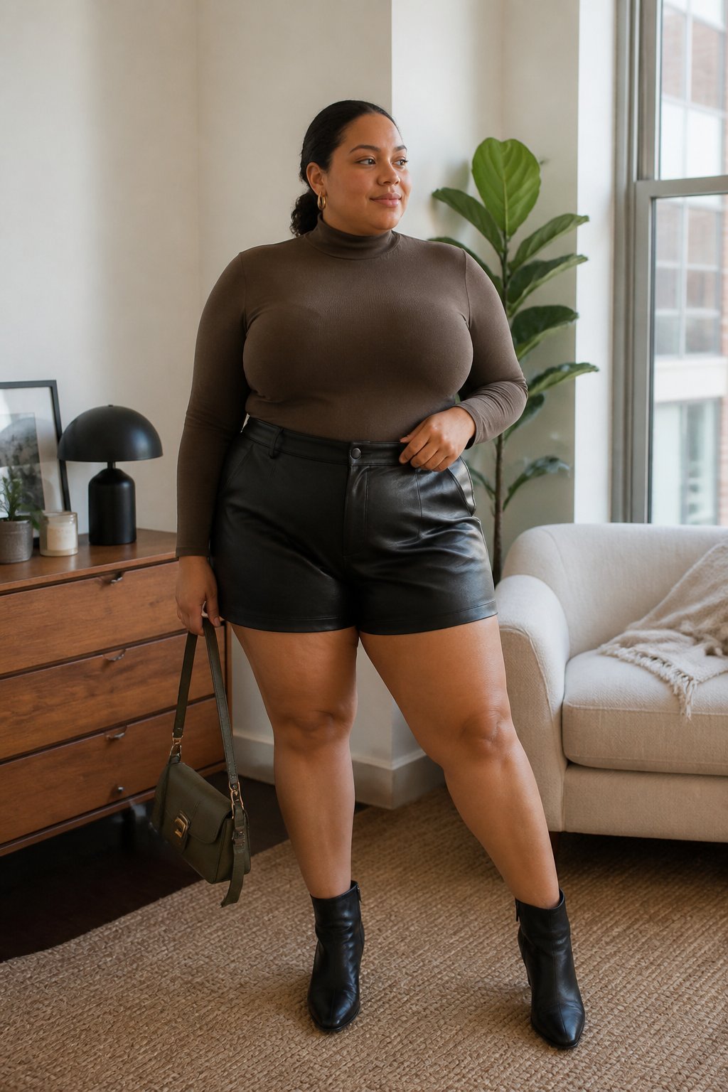 A plus-size woman wearing black leather shorts and a fitted turtleneck stands near a bright window in a casual indoor setting.