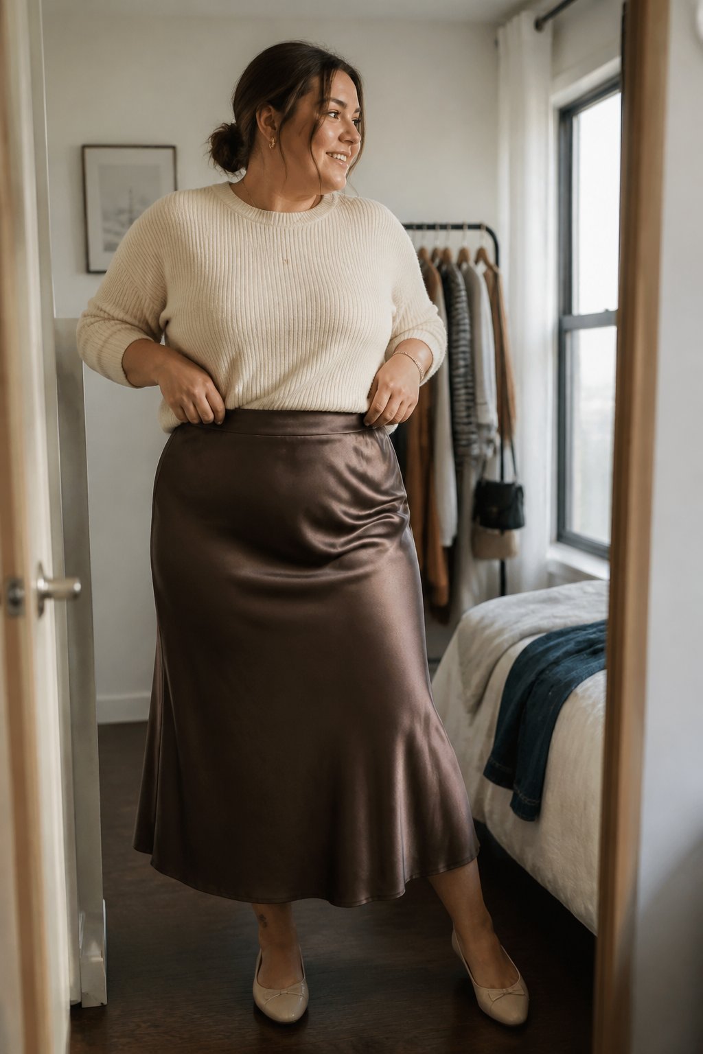 A plus-size woman wears a satin skirt outfit in a softly lit room.