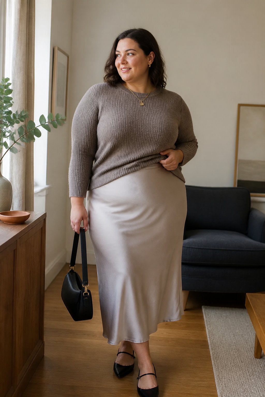 A plus-size woman wears a satin midi skirt and fitted knit sweater in a softly lit home.