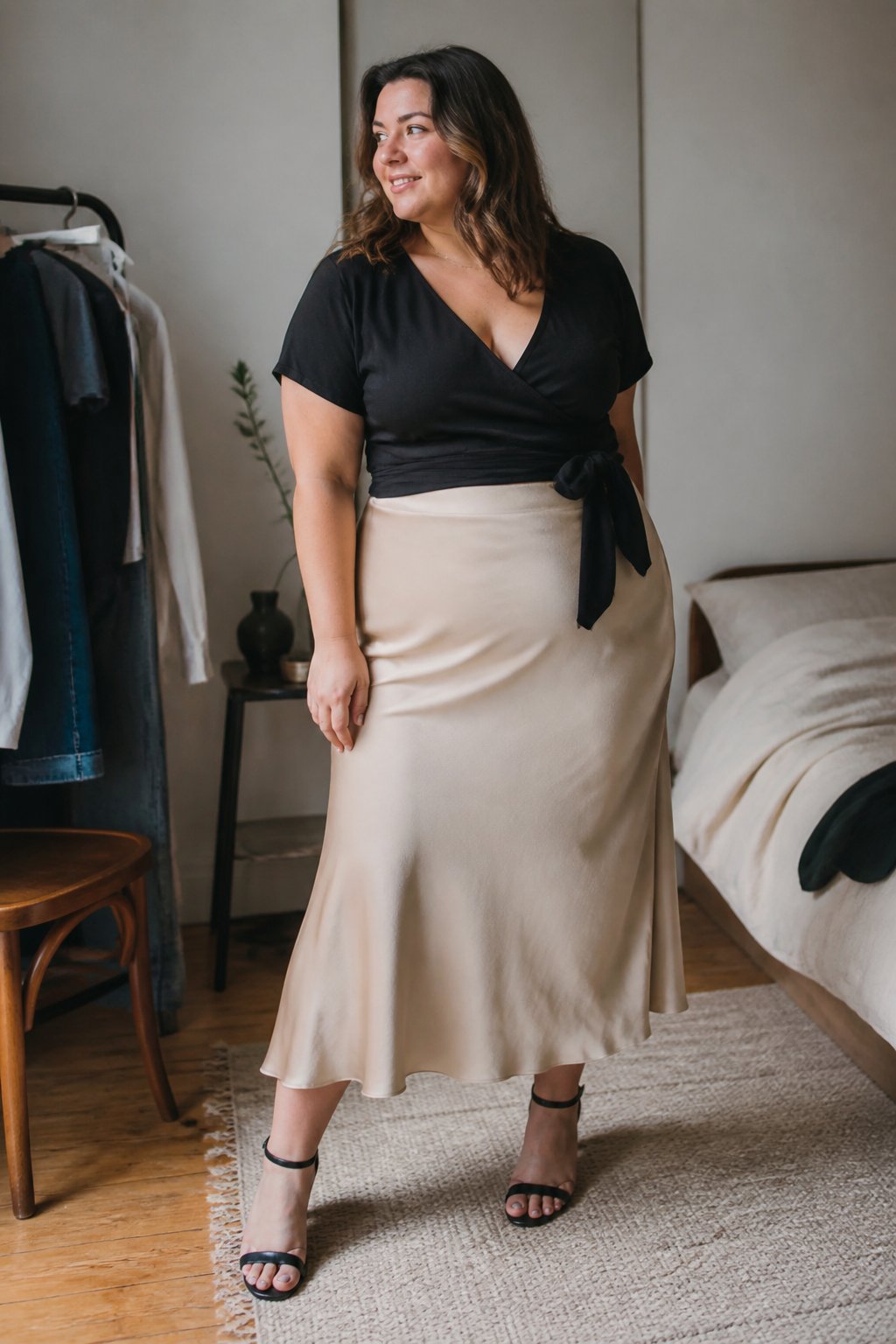 A plus-size woman wears a champagne satin midi skirt with a black wrap top in a softly lit room.