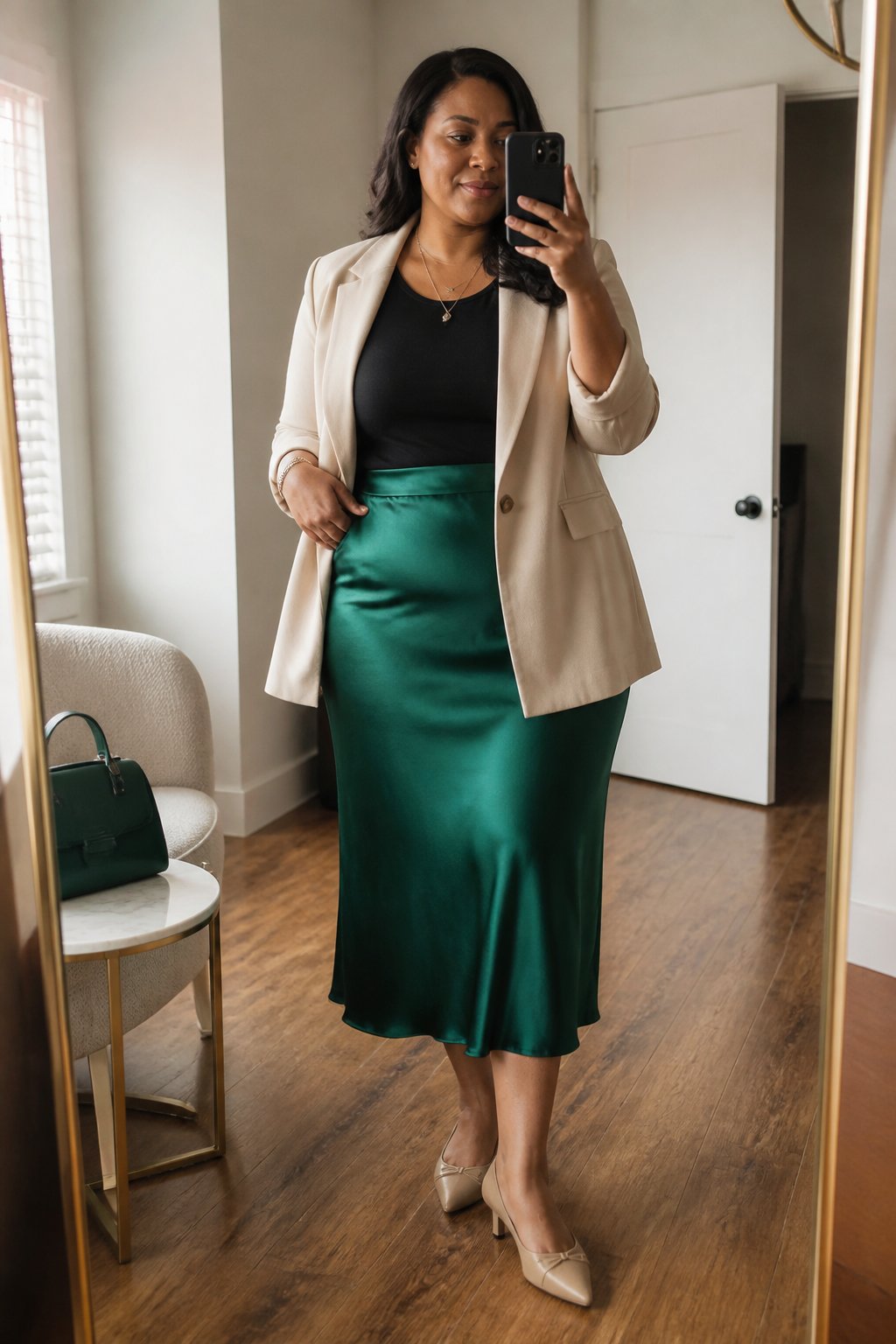 A plus-size woman wears a jewel-tone satin skirt with a tailored blazer in a bright home interior.