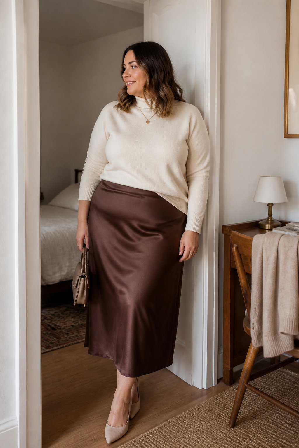 A plus-size woman wearing a chocolate brown satin skirt and cream turtleneck in a softly lit home interior.