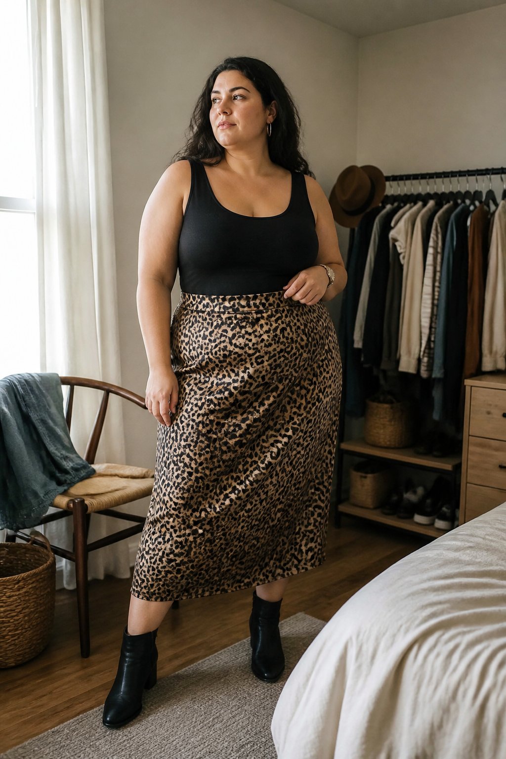 A plus-size woman wearing an animal-print satin skirt and black bodysuit in a bright room.