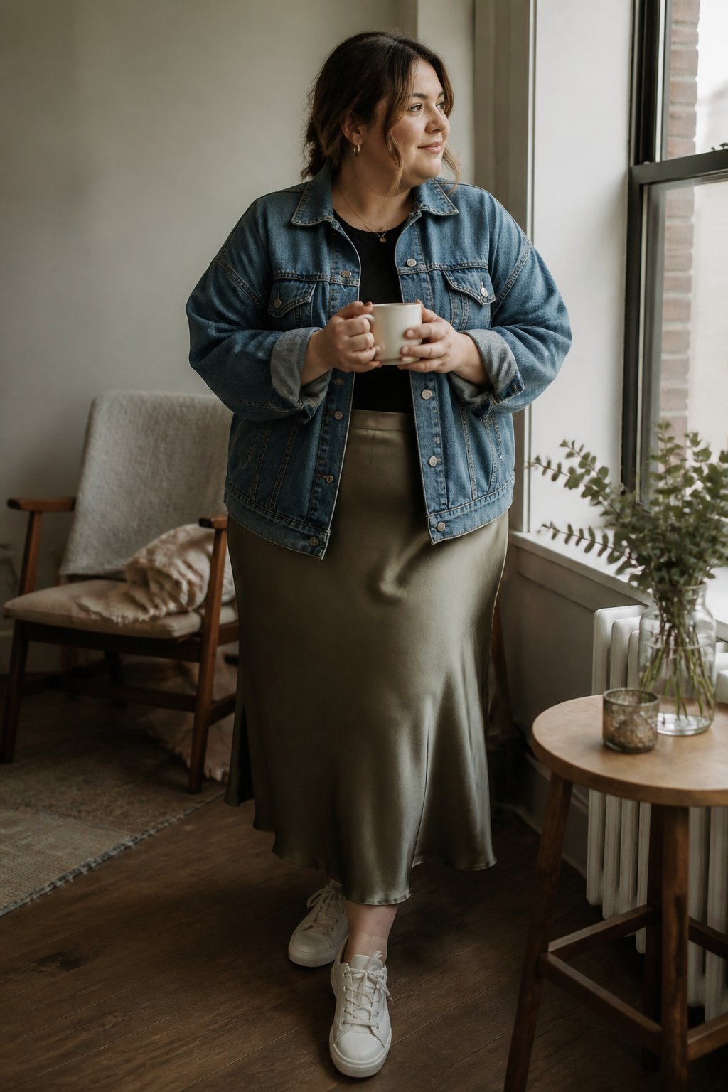 A plus-size woman wears a satin slip skirt and oversized denim jacket in a bright casual home setting.