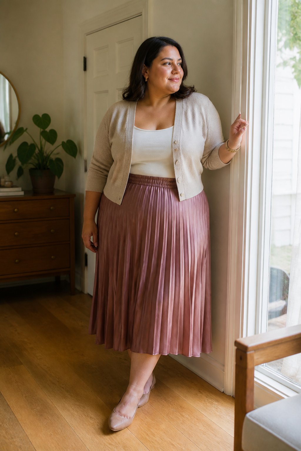 A plus-size woman wearing a pleated satin midi skirt and cropped cardigan stands in a softly lit home.