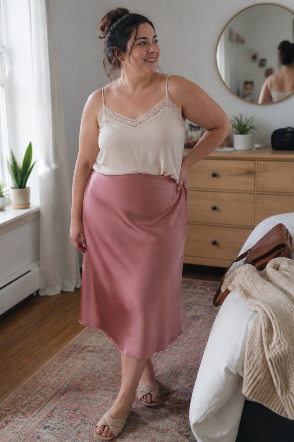 A plus-size woman wears a rose satin skirt and lace-trimmed camisole in a softly lit home.