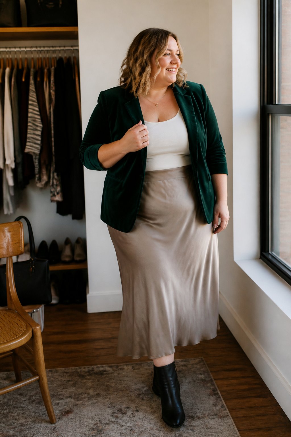 A plus-size woman wears a metallic satin midi skirt with a velvet blazer in a softly lit room.