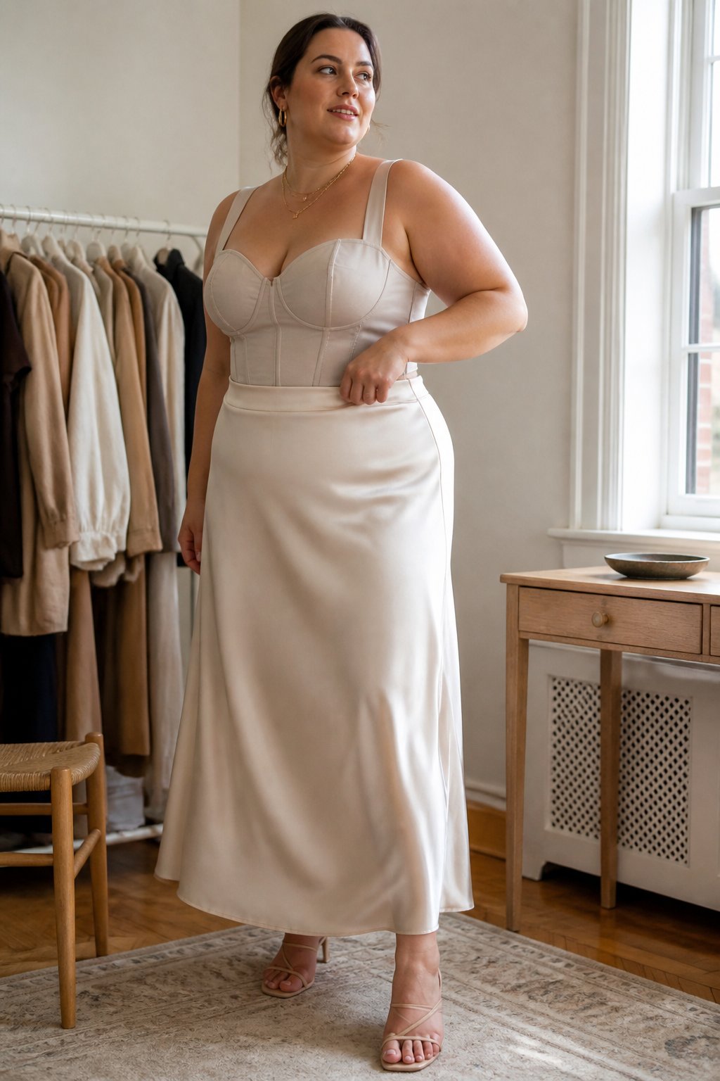 A plus-size woman wearing an ivory satin skirt and structured corset top stands in a softly lit room.