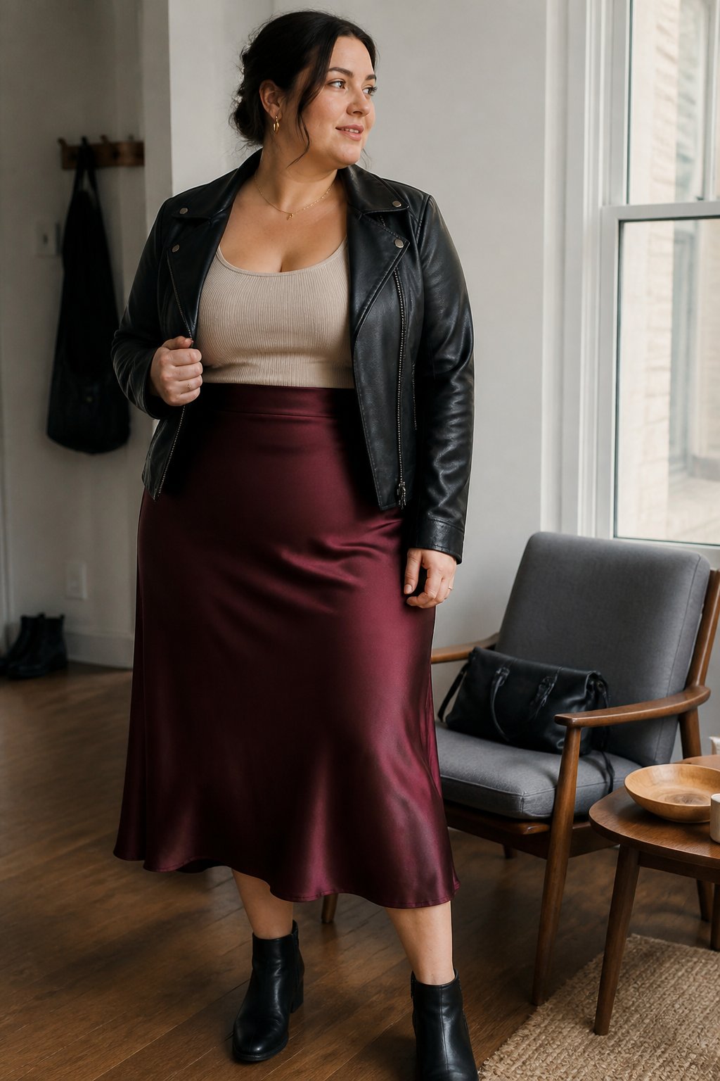 A plus-size woman wearing a burgundy satin skirt and black leather jacket in a softly lit room.