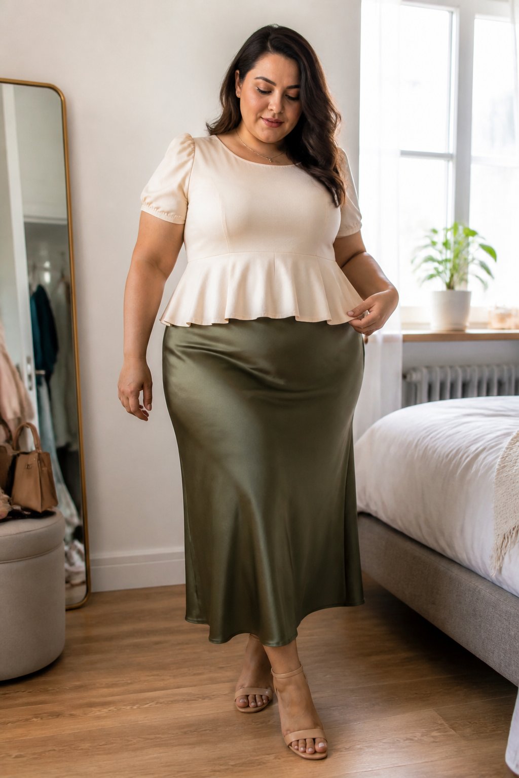 A plus-size woman wearing a high-waisted satin skirt and peplum blouse in a bright bedroom.