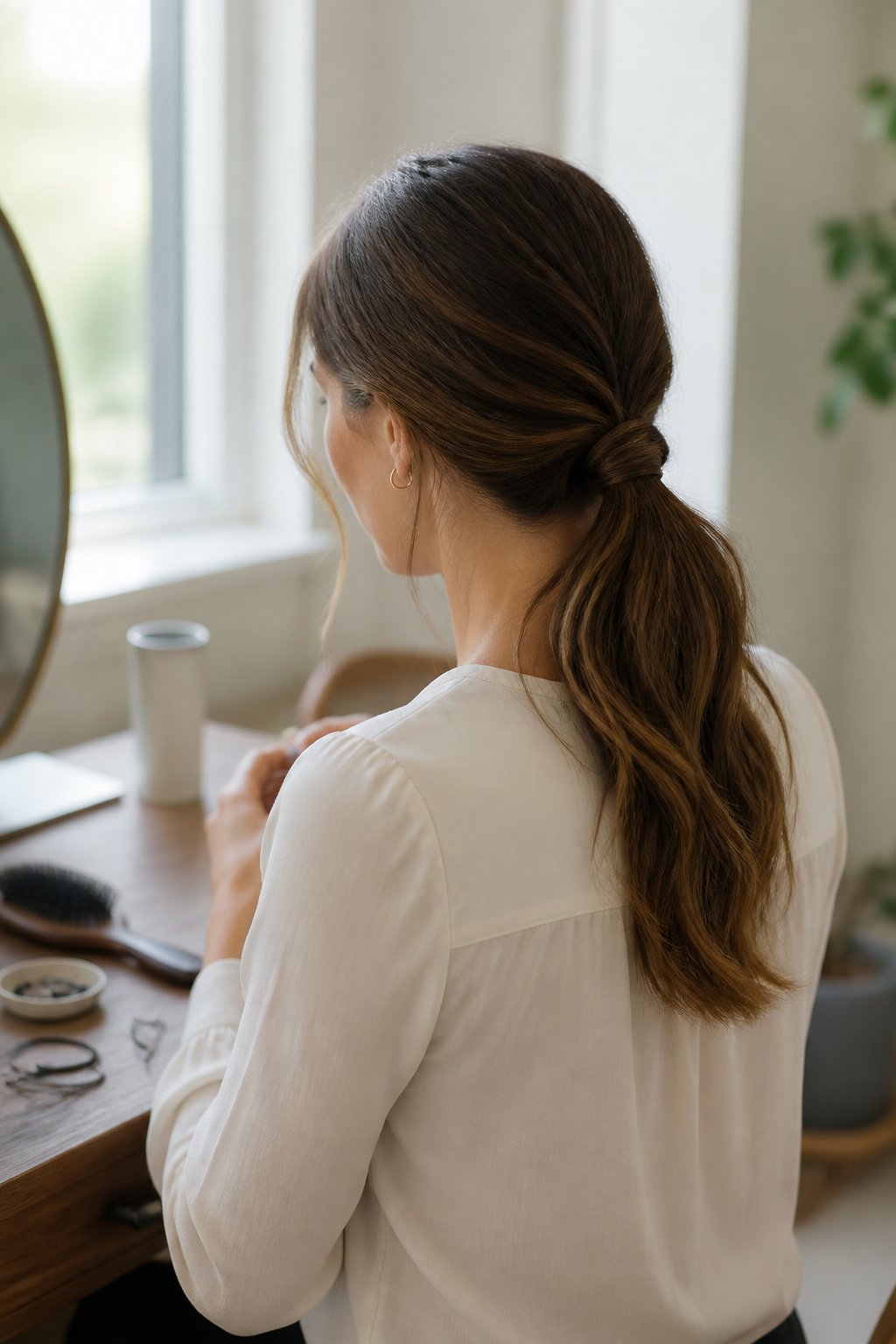 A woman with long hair styled in a practical low bun stands beside a table with hair accessories.