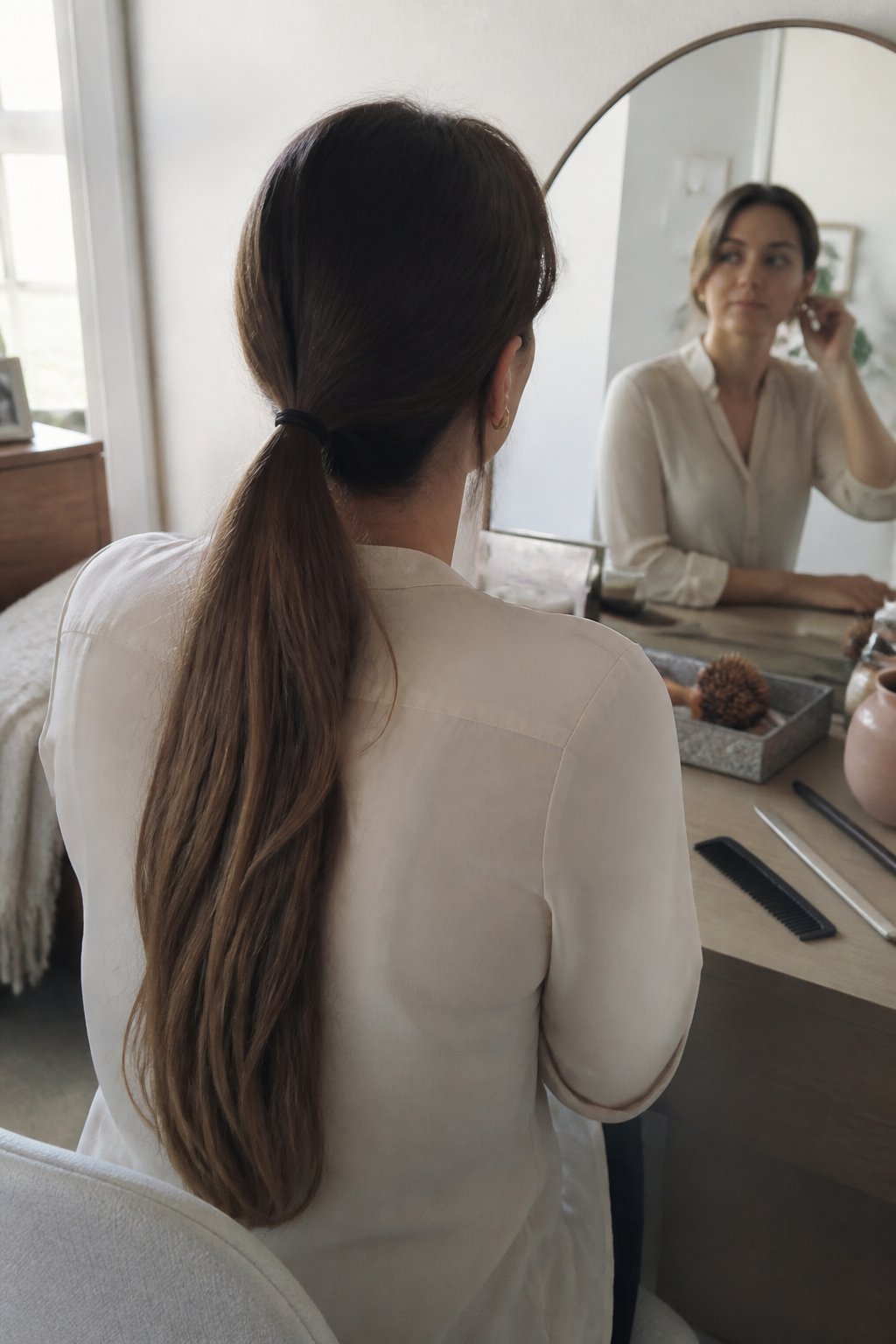 A woman with long hair styled in a sleek low ponytail stands in a bright home workspace.