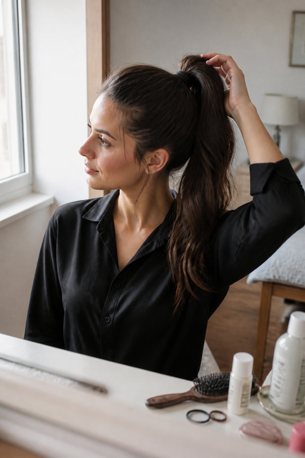 A woman with long hair wears a high ponytail while getting ready in a bright room.