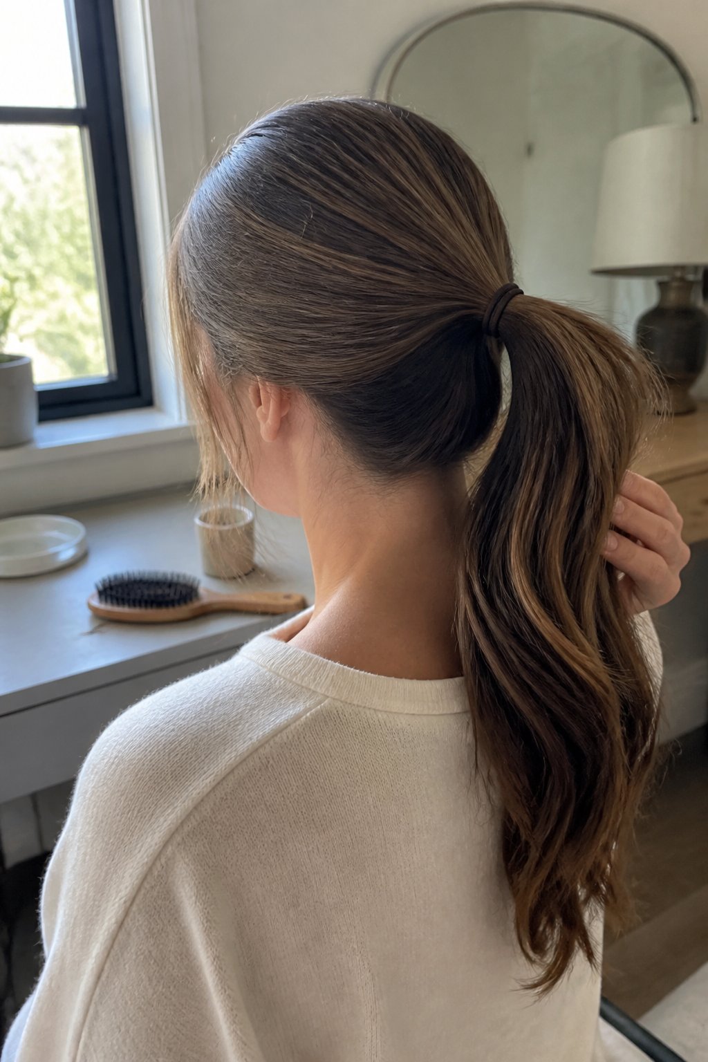 A woman with long hair styled in a polished mid-height ponytail in a bright room.