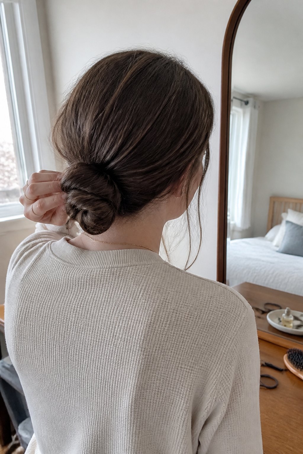 Person with long hair wearing a low twisted bun while getting ready for work.