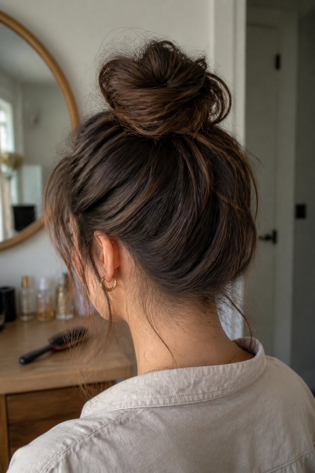 A woman with long hair styled in a textured topknot, with loose strands framing her face.