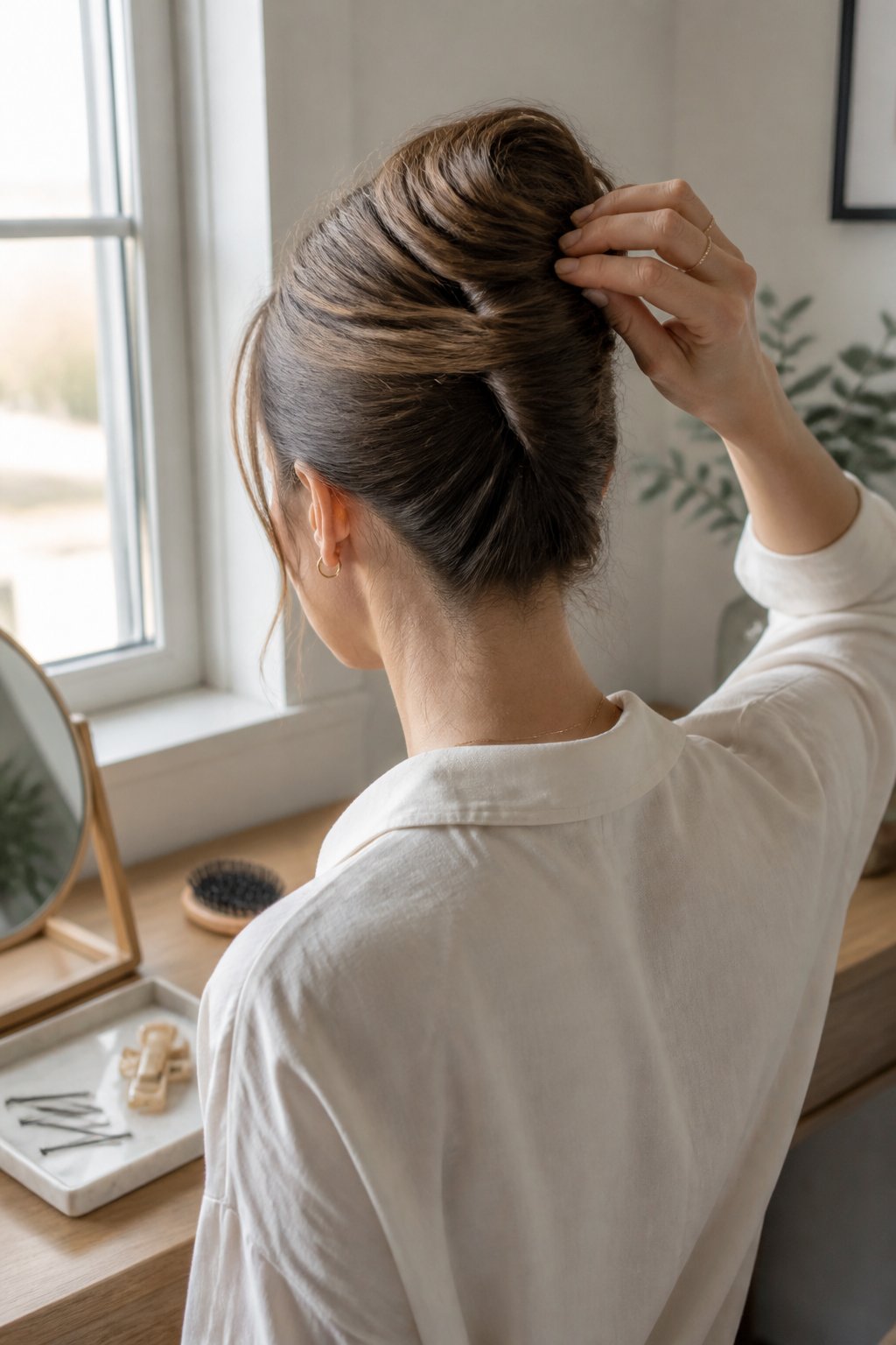 A woman with long hair adjusts a French twist in a bright room with hairstyling tools nearby.