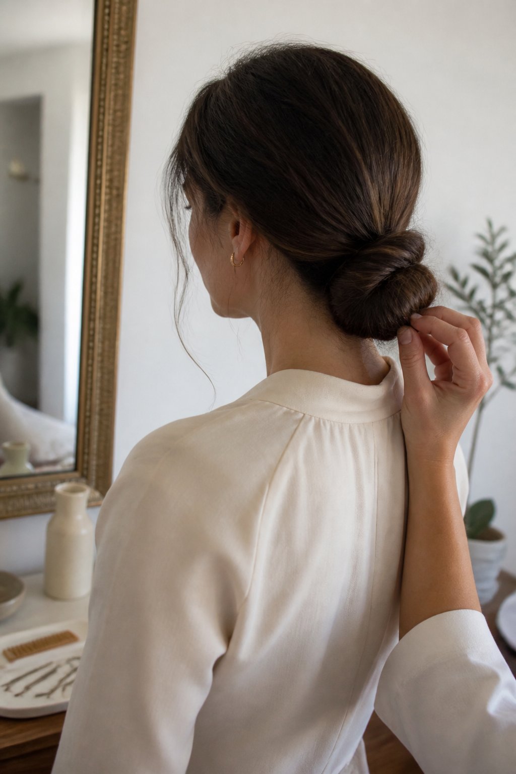 A woman with long hair styled in a low chignon with the ends tucked in, standing in a softly lit home interior.