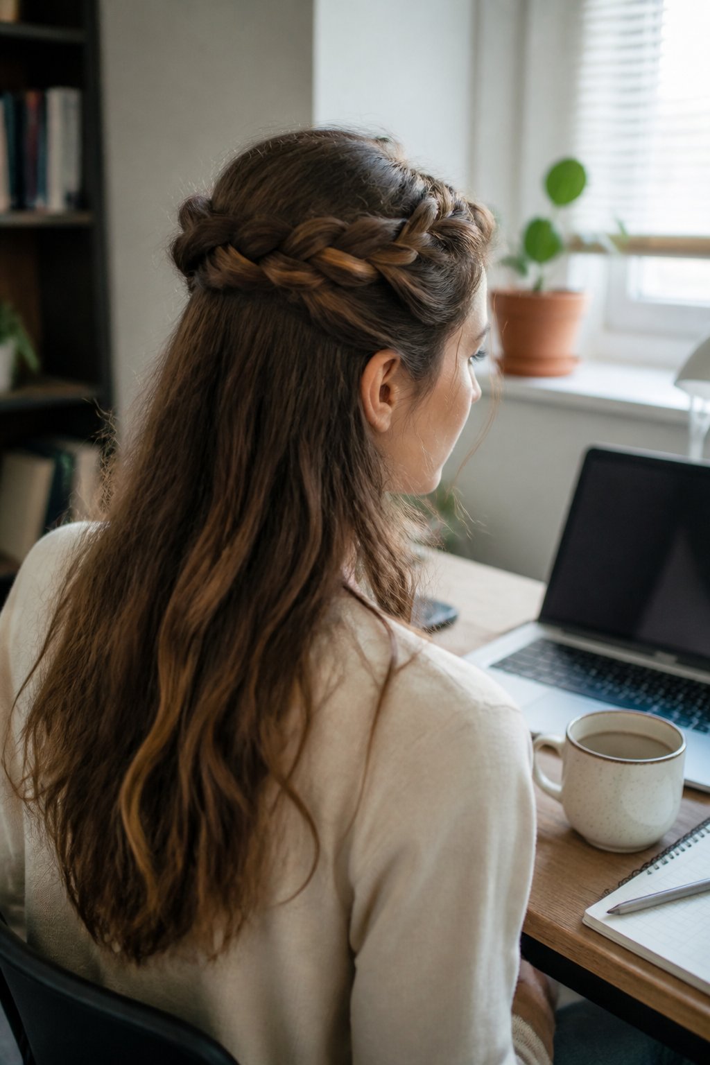 A woman with long hair wearing a half-up crown braid while seated at a desk in a bright workspace.