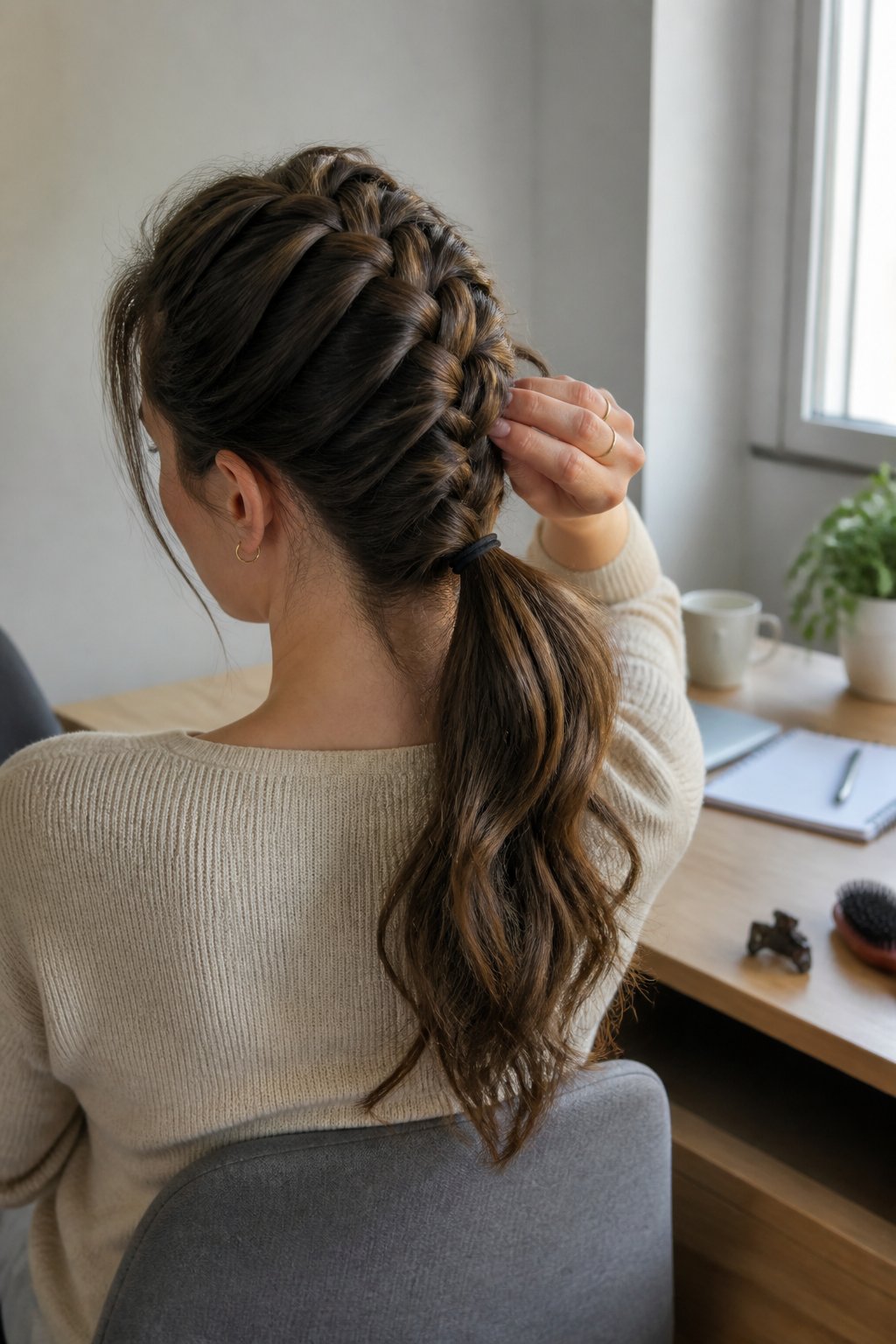 A woman with long hair styled in a Dutch braid that ends in a ponytail, standing in a casual workspace.