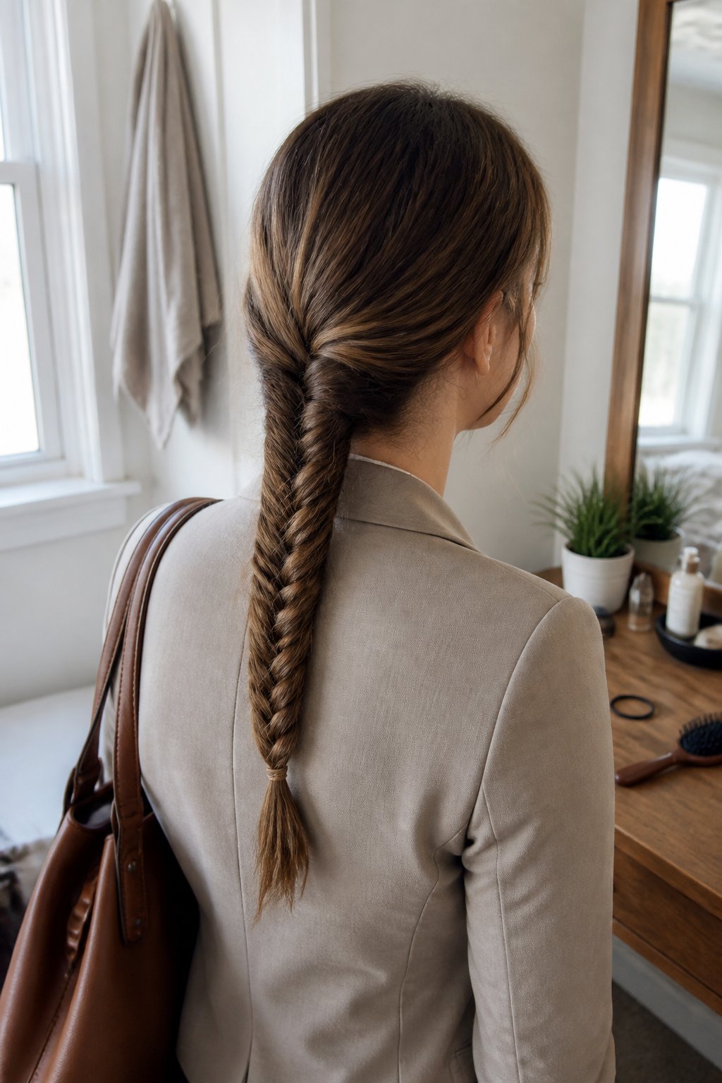 A woman with long hair styled in a fishtail braid stands in a softly lit everyday workspace.
