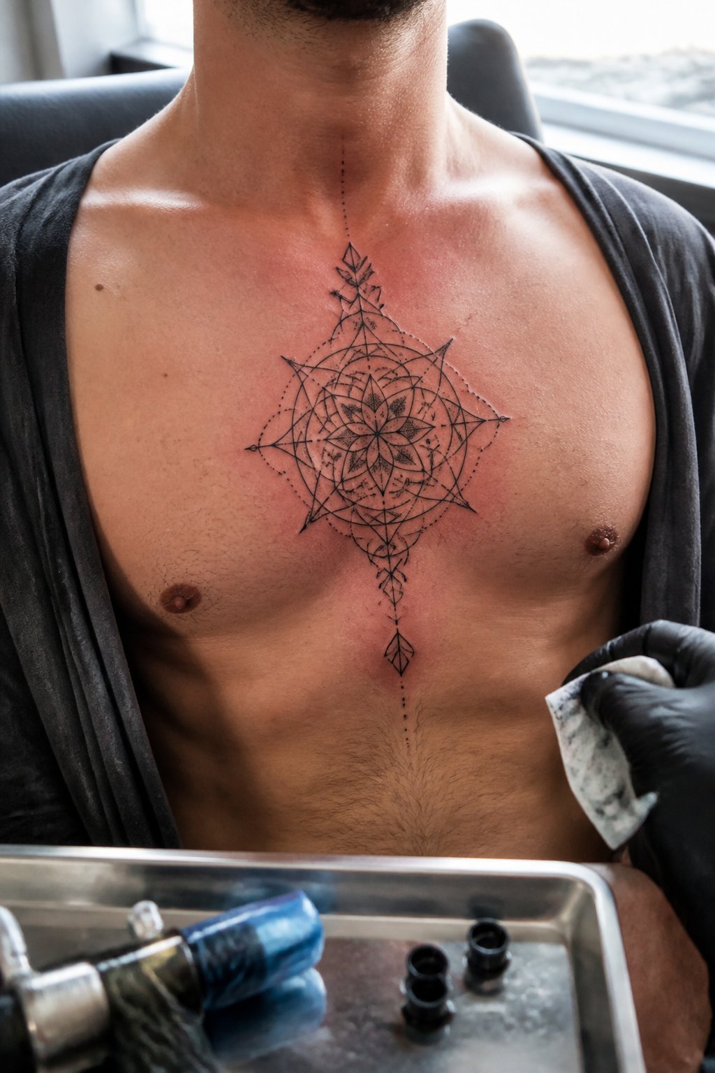 A man shows a geometric mandala tattoo centered on his sternum in a tattoo studio.