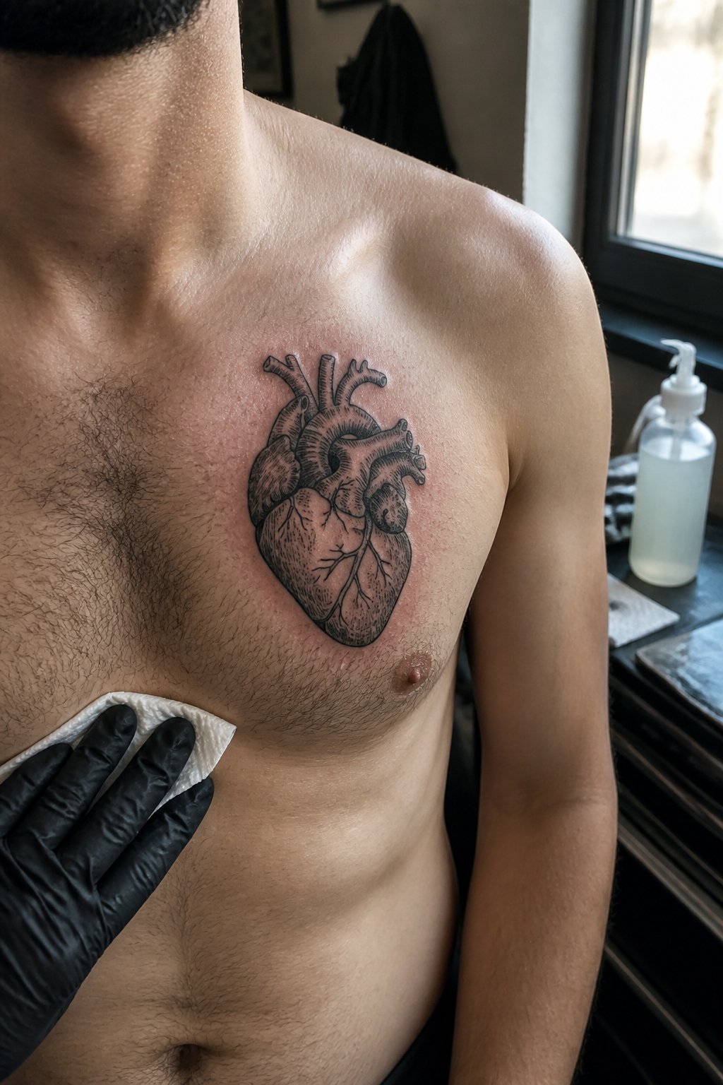 A man's bare chest displaying a detailed black anatomical heart tattoo.