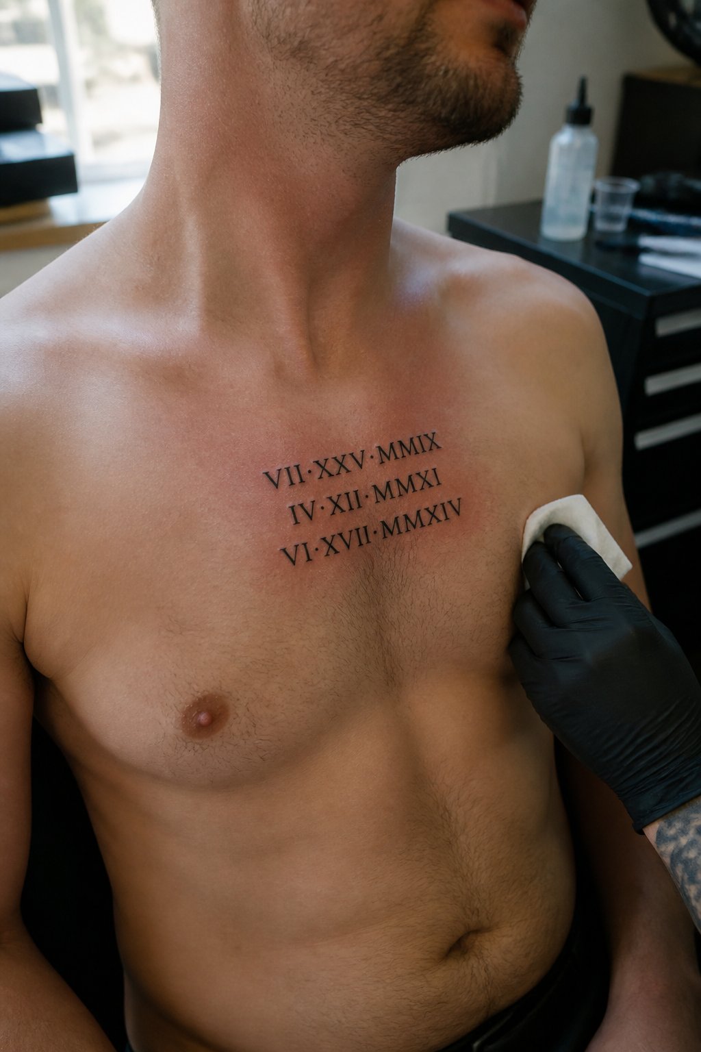 A man shows a Roman numeral tattoo across his chest in a tattoo studio.