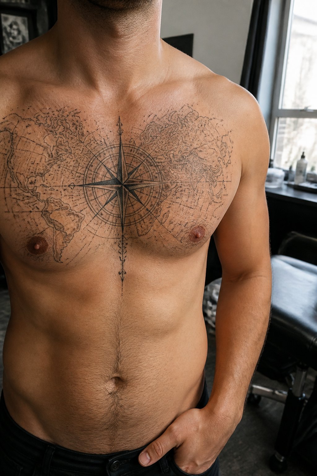 A man's upper torso showing a compass and map tattoo across his chest in a tattoo studio.