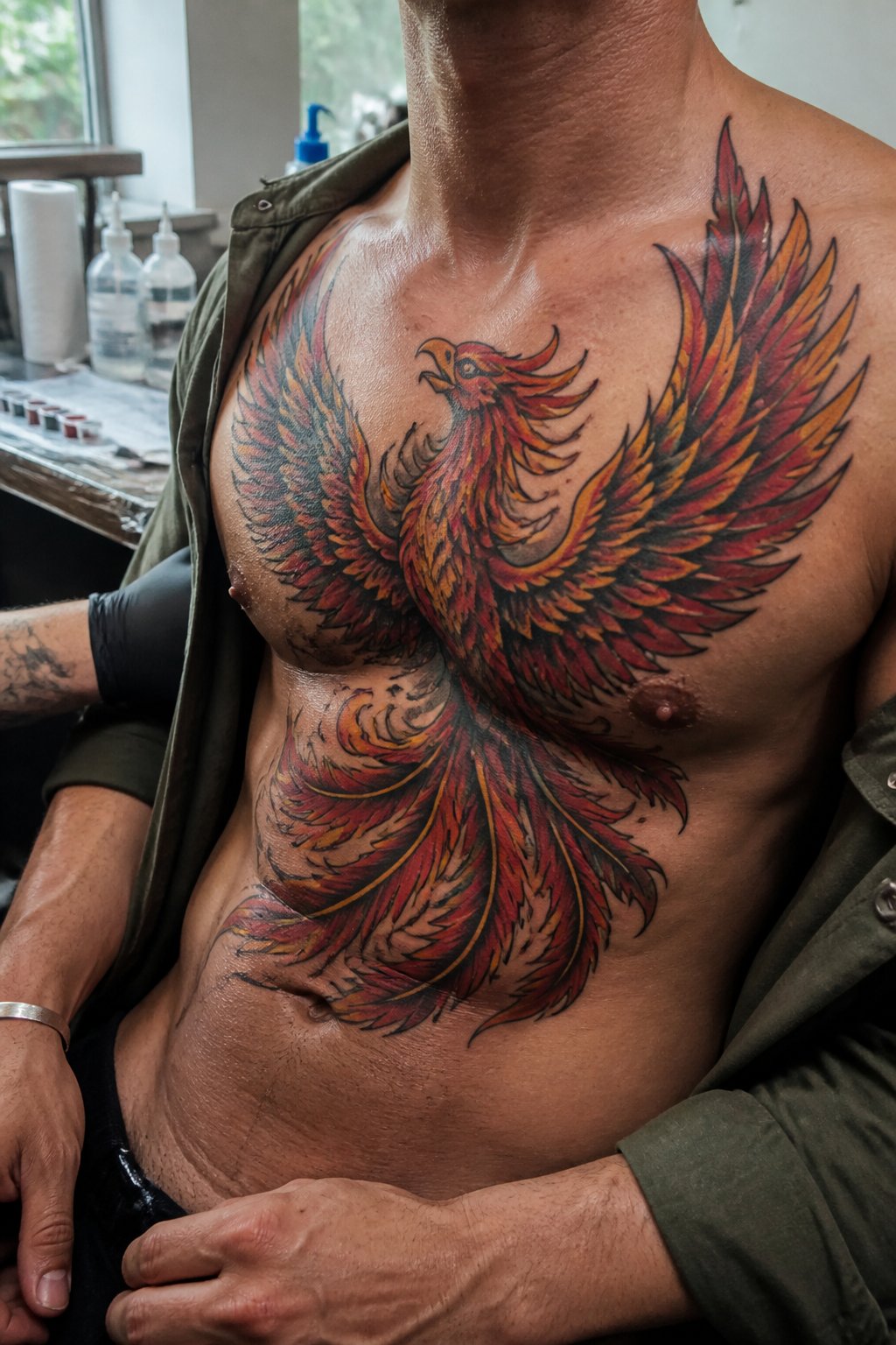 A man’s upper torso showing a colorful phoenix tattoo spread across his chest in a tattoo studio.