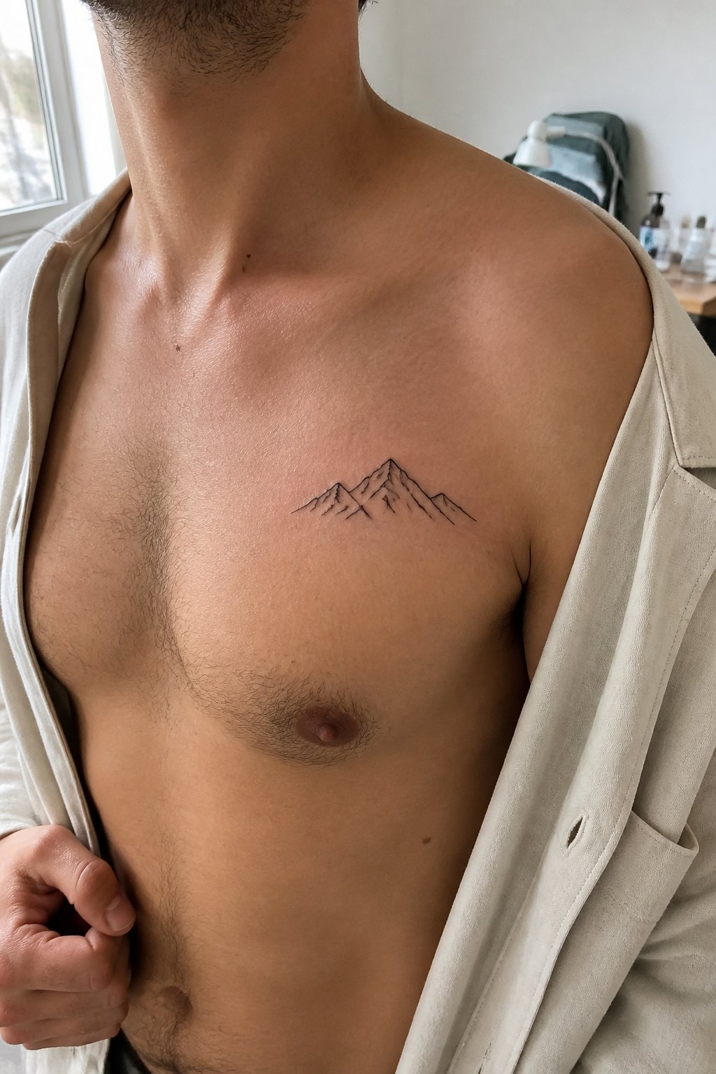 A man shows a small minimalist mountain range tattoo on his upper chest in a softly lit room.