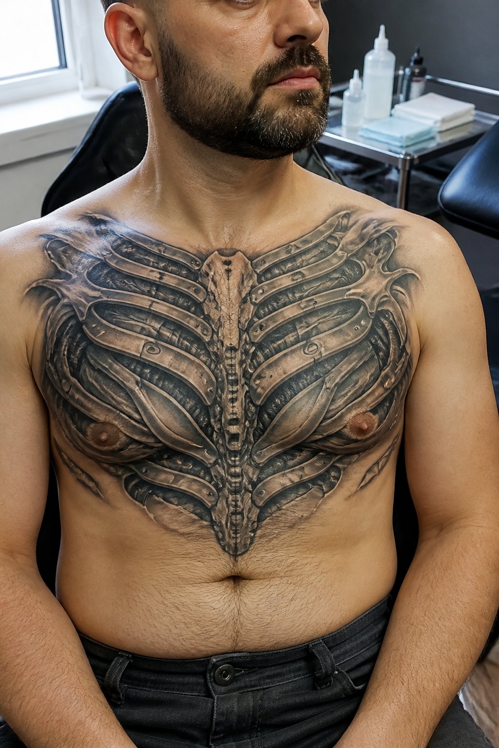 A man displays a large biomechanical tattoo across his chest in a tattoo studio.