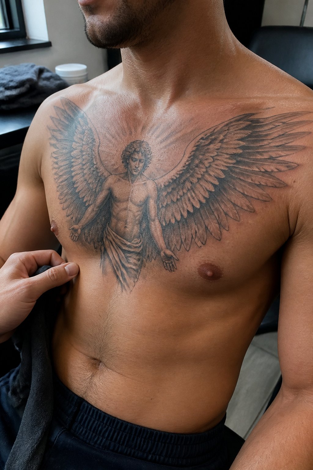 A shirtless man displays a black-and-gray angel tattoo across his upper chest.