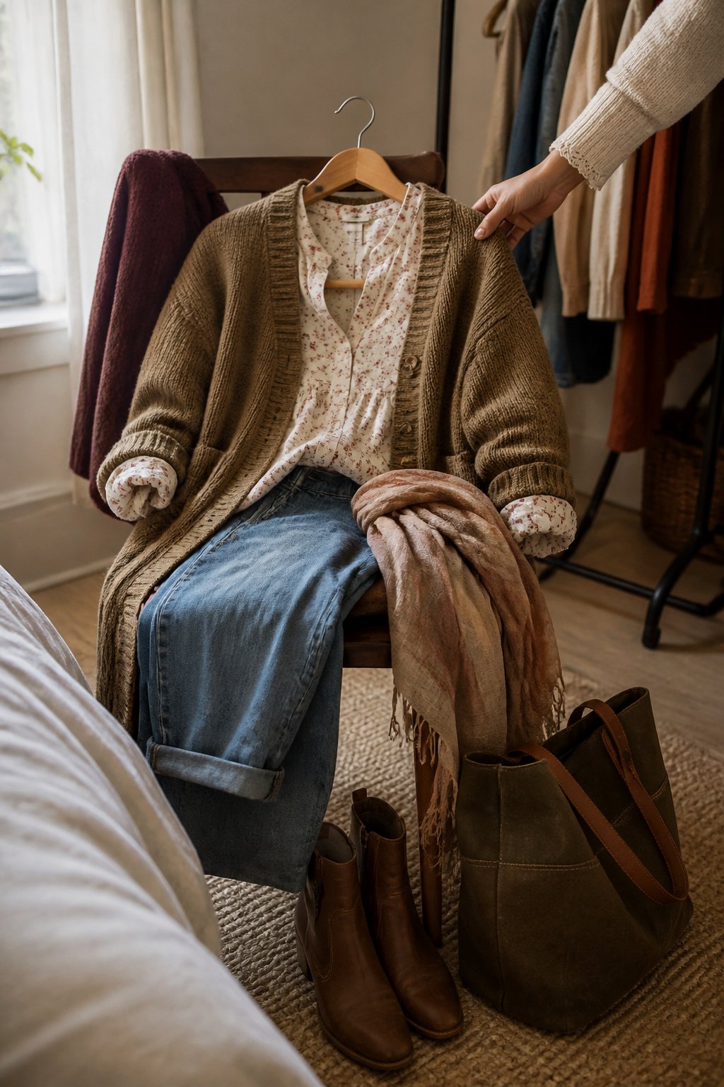 A layered outfit combining summer clothing with a cardigan, trousers, ankle boots, scarf, and tote bag.