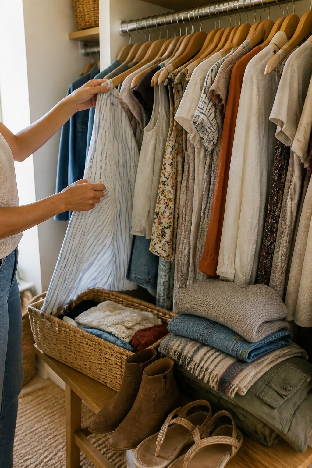 Hands sort summer clothes beside a few lightweight fall layers in an open closet.