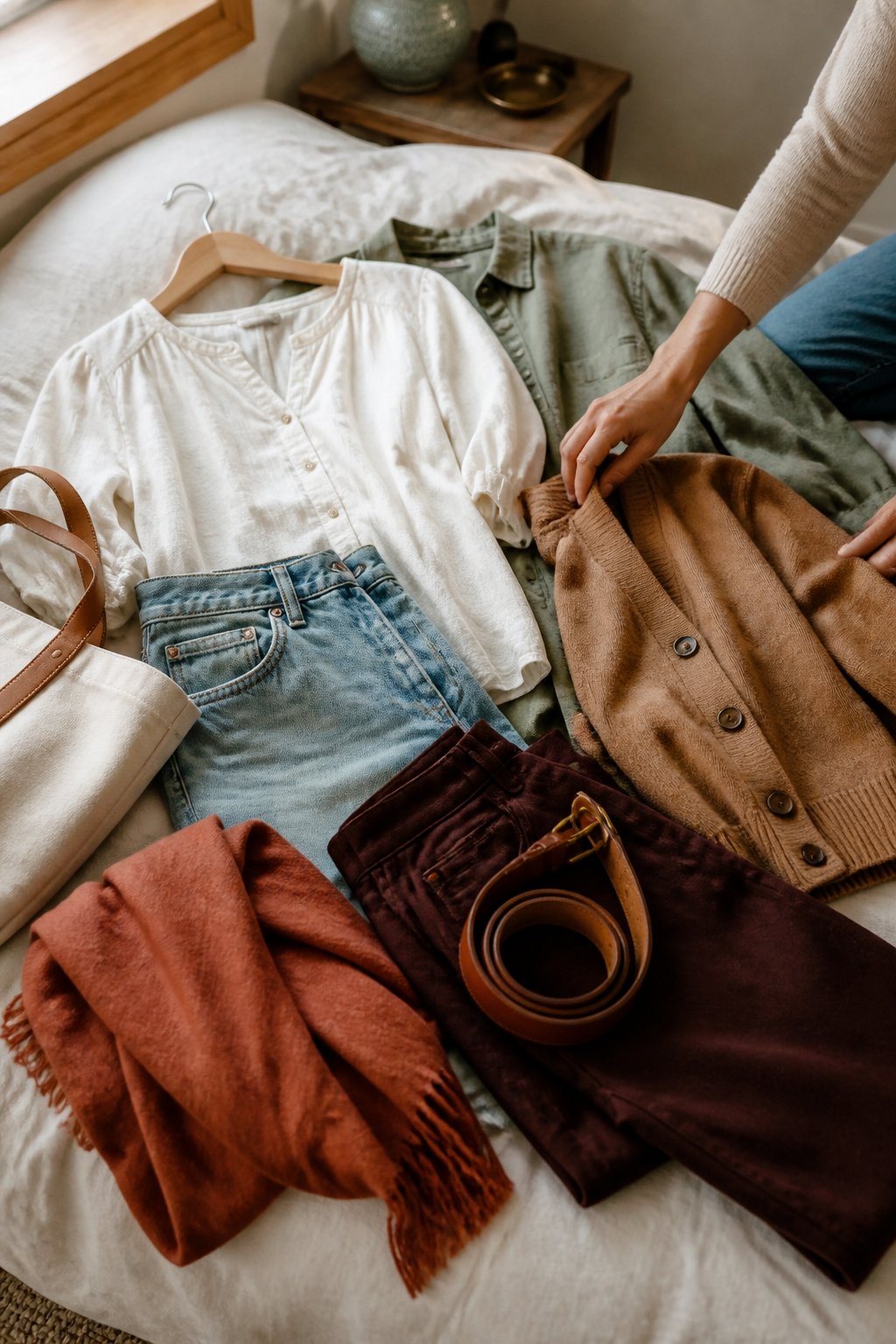 A hand arranges summer and fall clothing in cream, denim blue, olive, camel, rust, and burgundy tones.