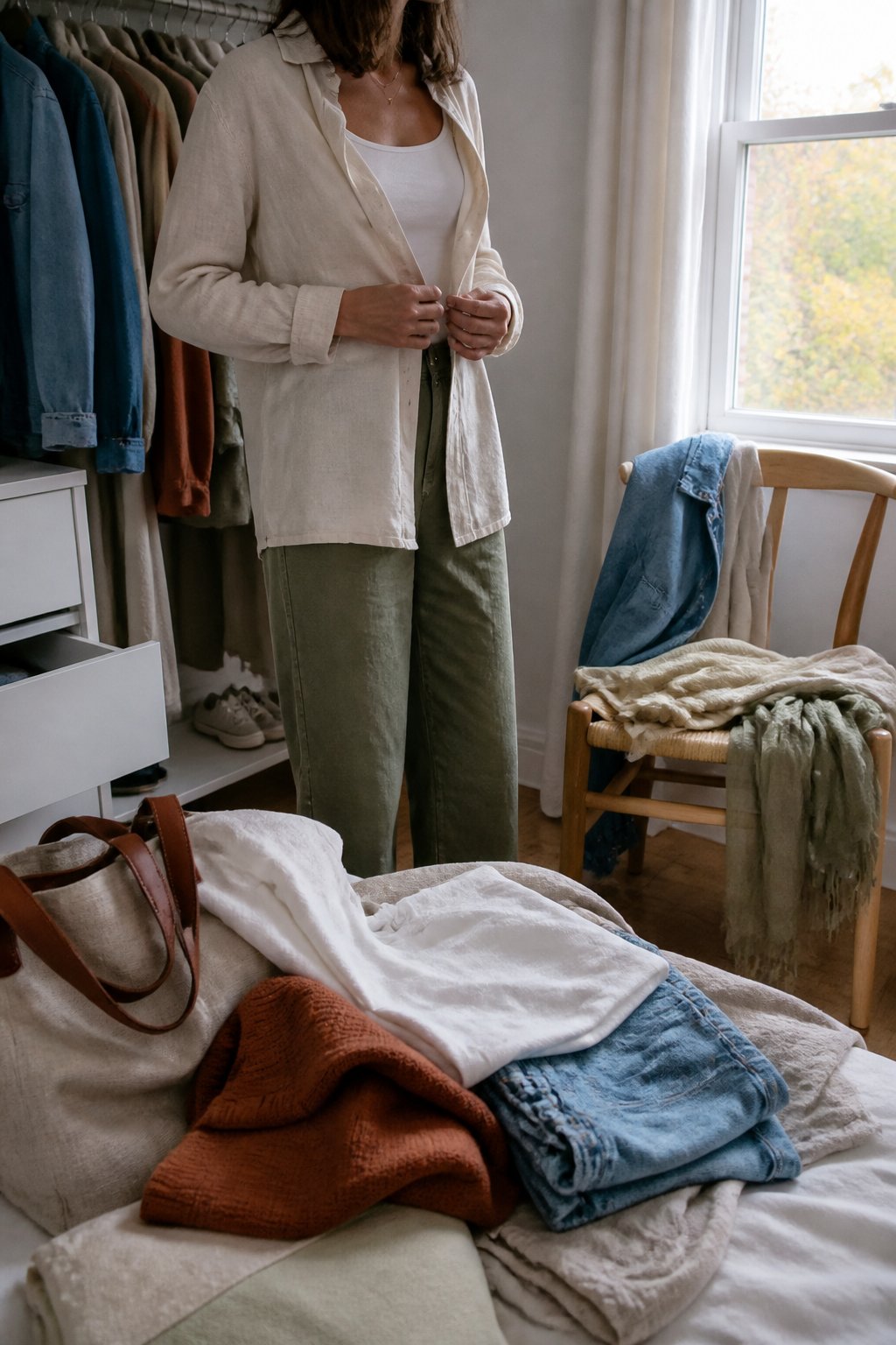 A person layers a light cardigan over a summer outfit beside a chair holding folded seasonal clothes.