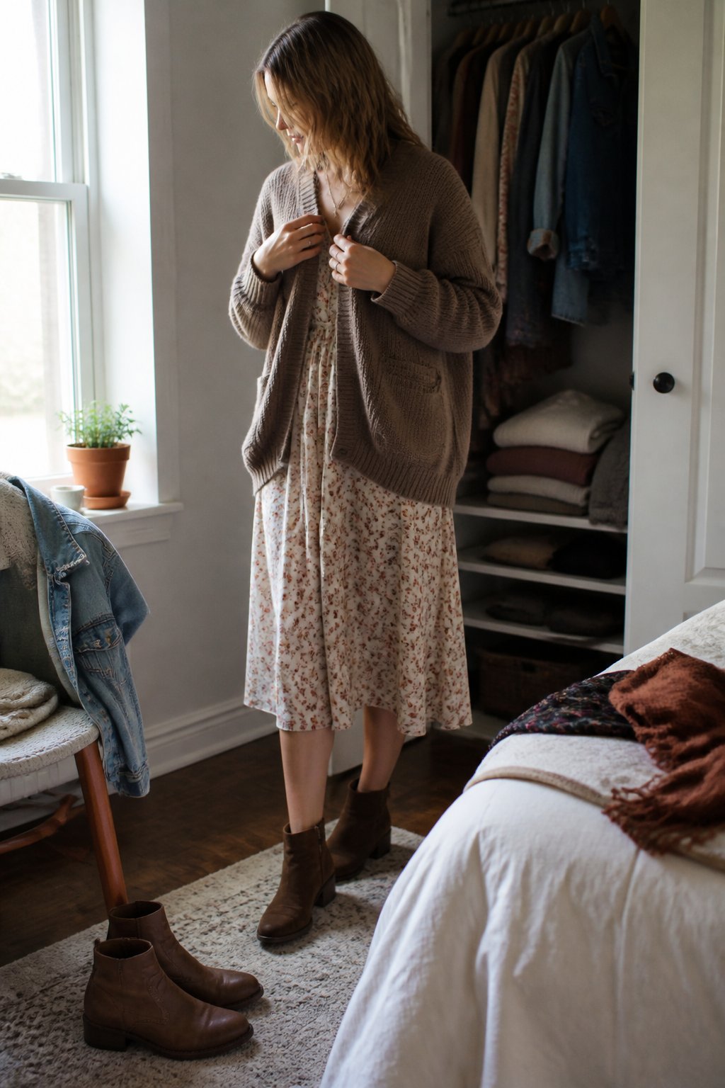 A summer dress layered with a cardigan, scarf, and ankle boots in a softly lit bedroom.