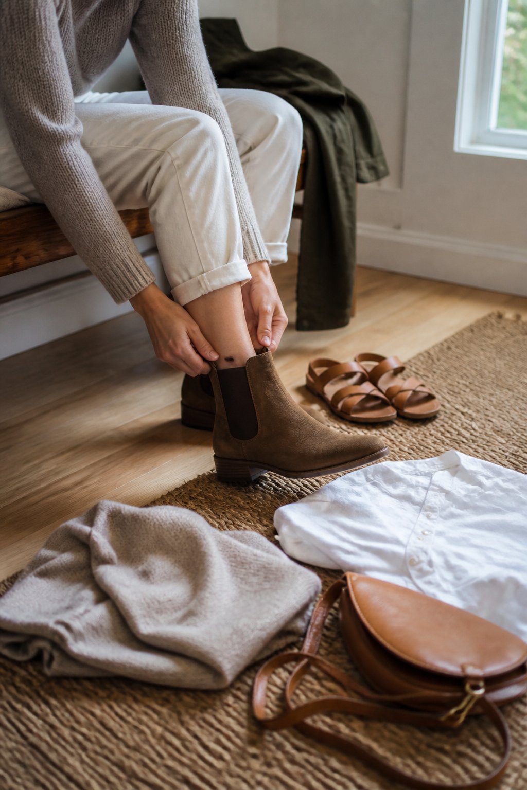 A person changes from summer sandals into ankle boots beside fall clothing in a softly lit room.