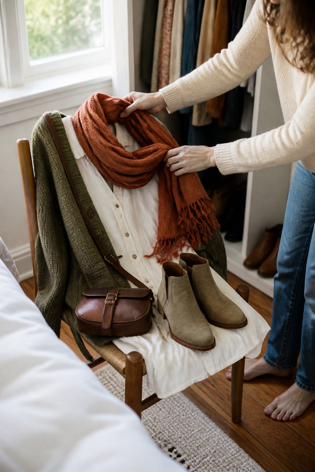 Hands add a scarf and leather bag to a light summer outfit with fall accessories.