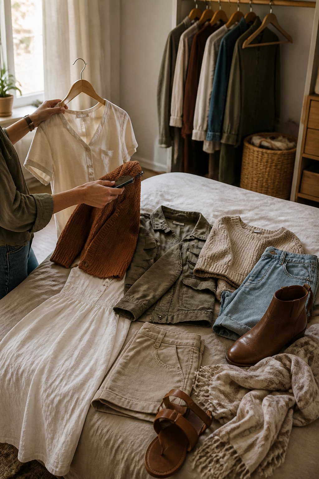 Hands compare a lightweight summer blouse with a cardigan beside a small selection of fall clothing in an open wardrobe.