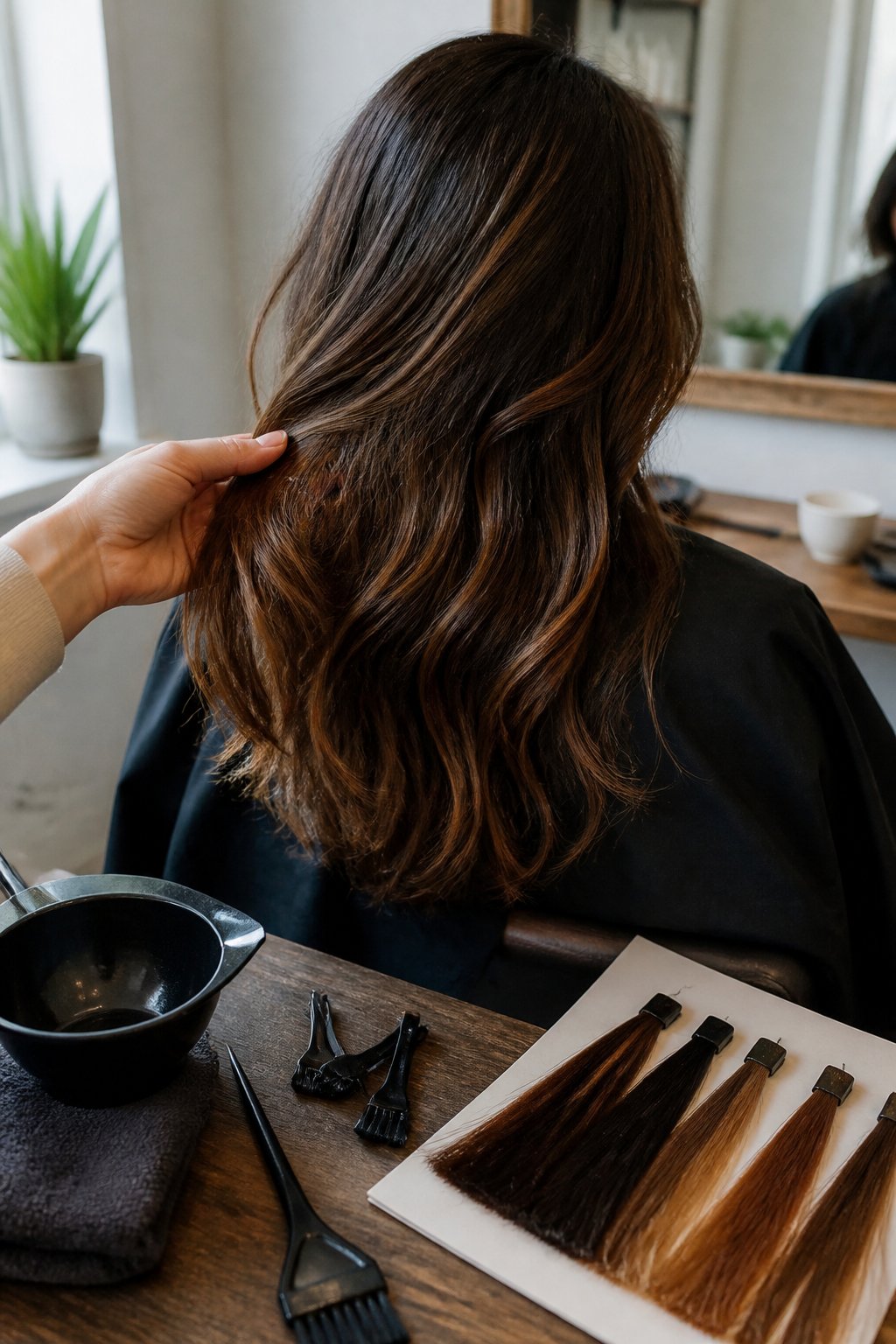 A brunette person receives a hair color consultation beside several hair styling tools and color samples.