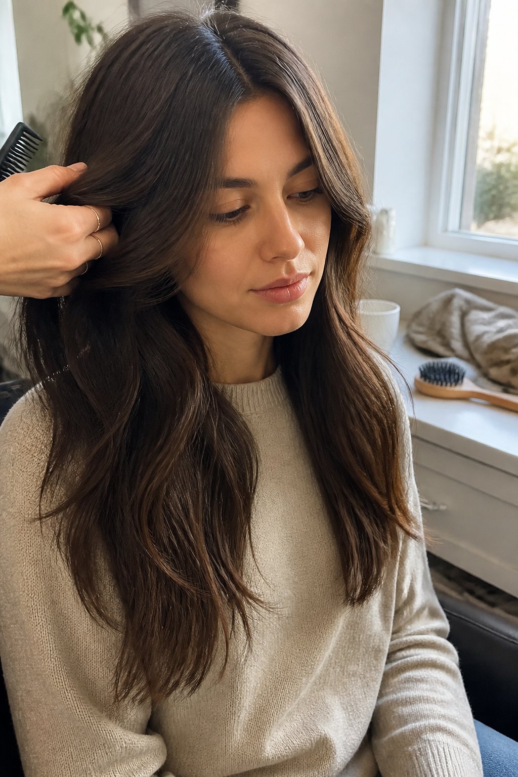 A brunette woman with rich chocolate-brown hair sits near a window while a hand gently arranges her hair.