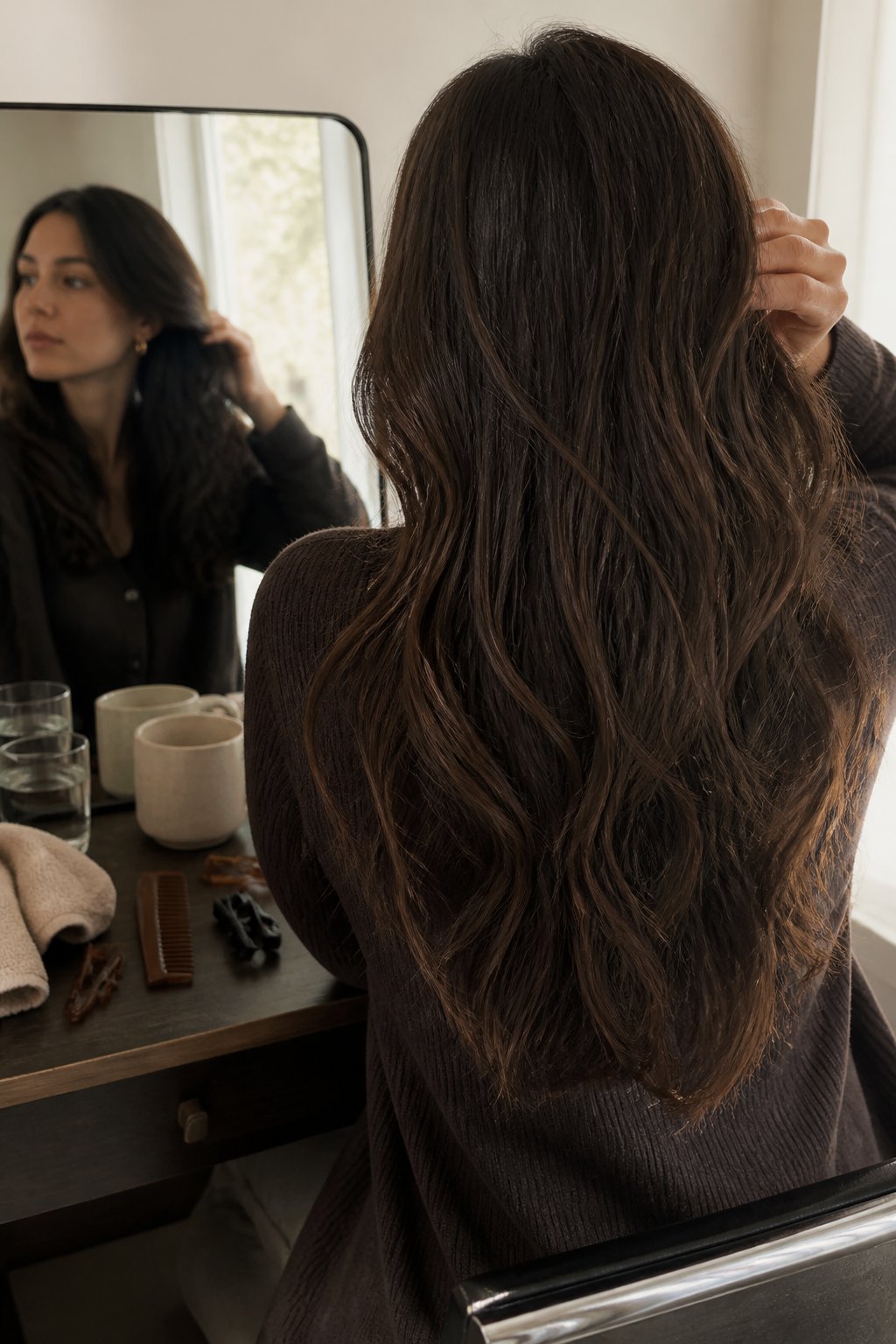 A brunette woman with deep espresso-brown hair adjusts it beside a softly lit styling area.