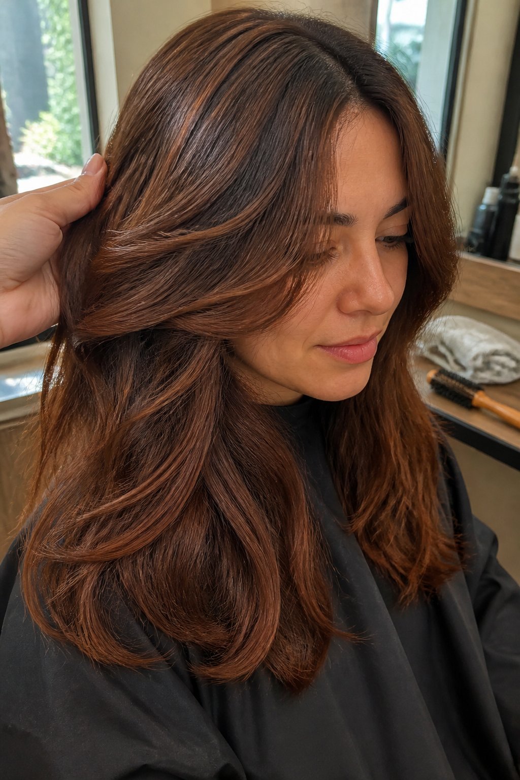 A brunette person with warm chestnut-brown hair sits near a window while someone gently styles their hair.