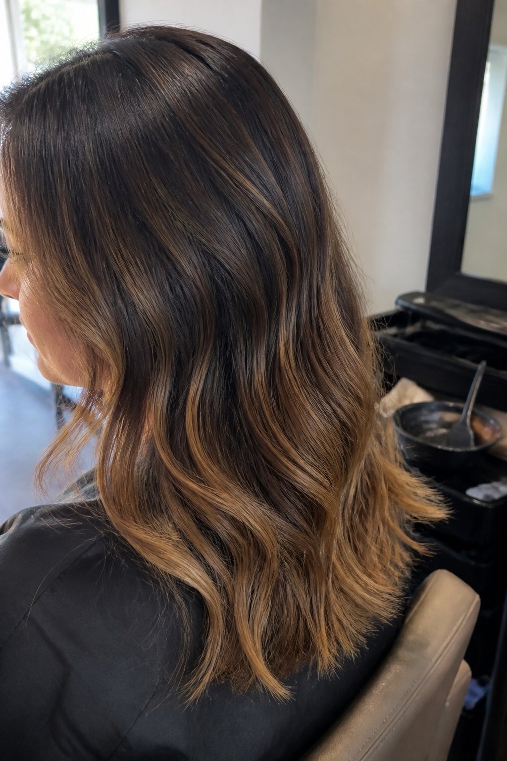 A brunette client with blended honey caramel balayage highlights sits in a hair salon.